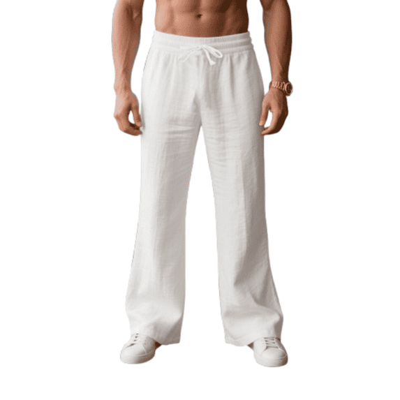 Inglocry Men's Casual Linen Pants Summer Beach Cotton Lightweight Pants Elastic Waist Drawstring with Pockets White S