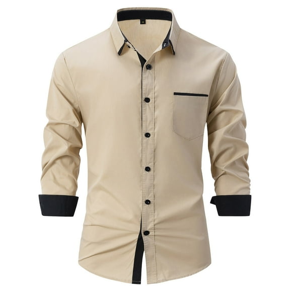 Inglocry Men's Casual Long Sleeve Stretch Dress Shirt Wrinkle-Free Regular Fit Button Down Shirts Khaki XL