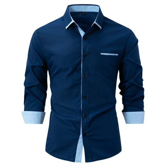 Inglocry Men's Casual Long Sleeve Stretch Dress Shirt Wrinkle-Free Regular Fit Button Down Shirts Navy XL