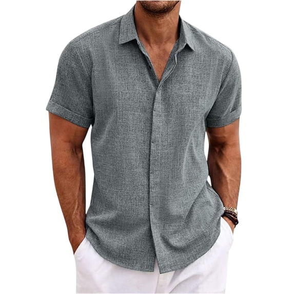 Inglocry Men's Cotton Linen Shirts Short Sleeve Casual Button Down Shirts Beach Summer Wedding Tops Gray M