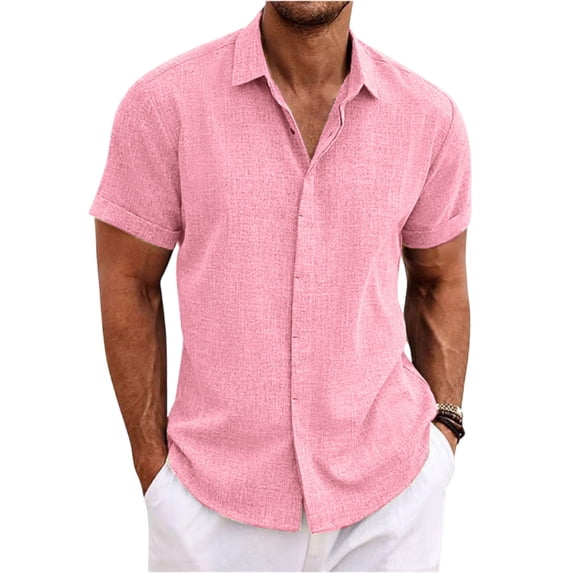 Inglocry Men's Cotton Linen Shirts Short Sleeve Casual Button Down Shirts Beach Summer Wedding Tops Pink S