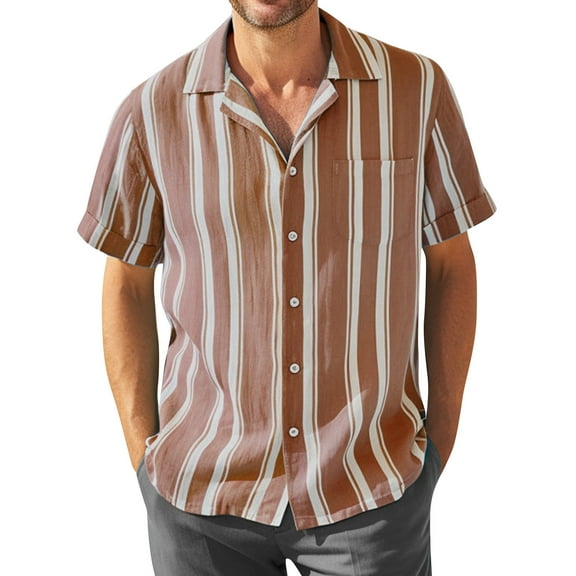 Inglocry Men's Cuban Guayabera Shirt Short Sleeve Button Down Shirts Casual Summer Beach Striped Linen Shirts Light Brown 3XL
