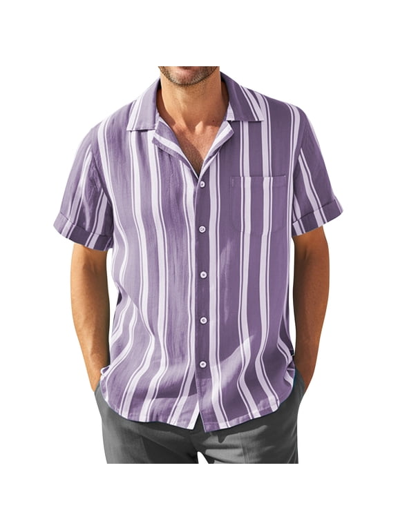 Men's Cuban Guayabera Shirt Short Sleeve Button Down Shirts Casual Summer Beach Striped Linen Shirts Purple XL