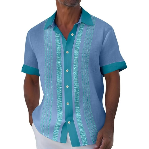 Inglocry Men's Cuban Guayabera Shirts - Casual Short Sleeve Cotton Linen Button Down Shirt Summer Regular Fit Beach Tops Blue L