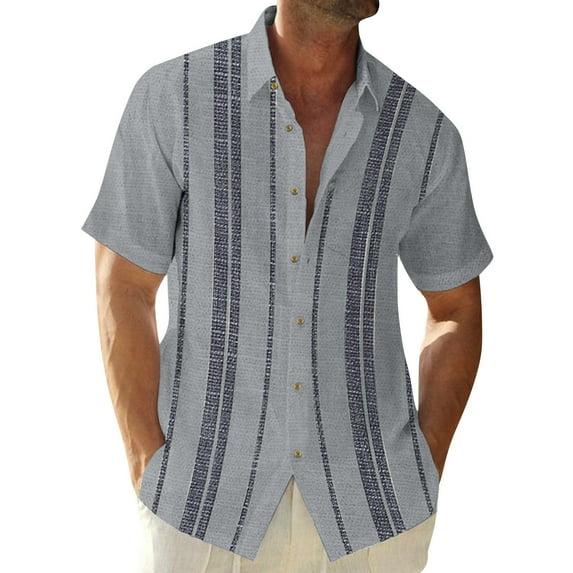 Inglocry Men's Cuban Guayabera Shirts - Casual Short Sleeve Cotton Linen Button Down Shirt Summer Regular Fit Beach Tops Light Gray 2XL