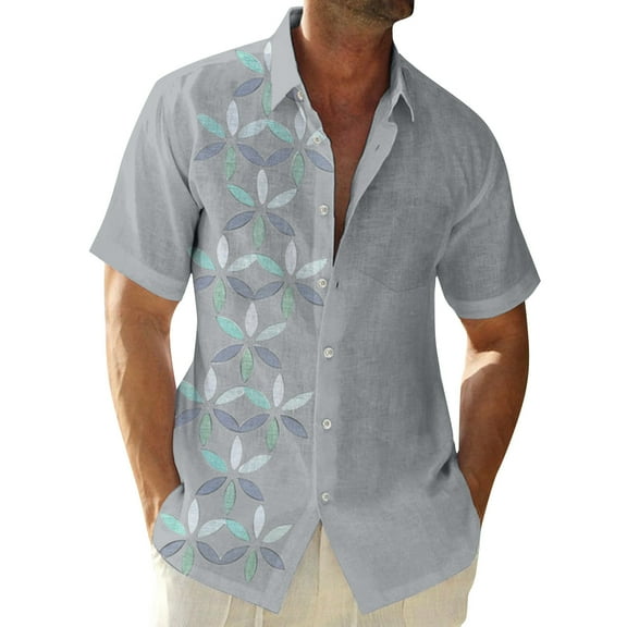 Inglocry Men's Cuban Guayabera Shirts - Casual Short Sleeve Cotton Linen Button Down Shirt Summer Regular Fit Beach Tops Light Gray 3XL
