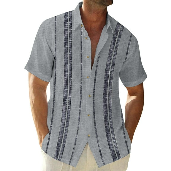 Inglocry Men's Cuban Guayabera Shirts - Casual Short Sleeve Cotton Linen Button Down Shirt Summer Regular Fit Beach Tops Light Gray XL