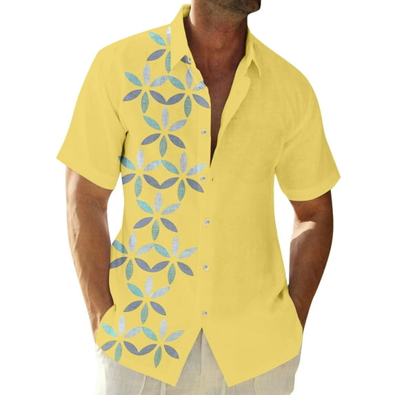Inglocry Men's Cuban Guayabera Shirts - Casual Short Sleeve Cotton Linen Button Down Shirt Summer Regular Fit Beach Tops Yellow XL