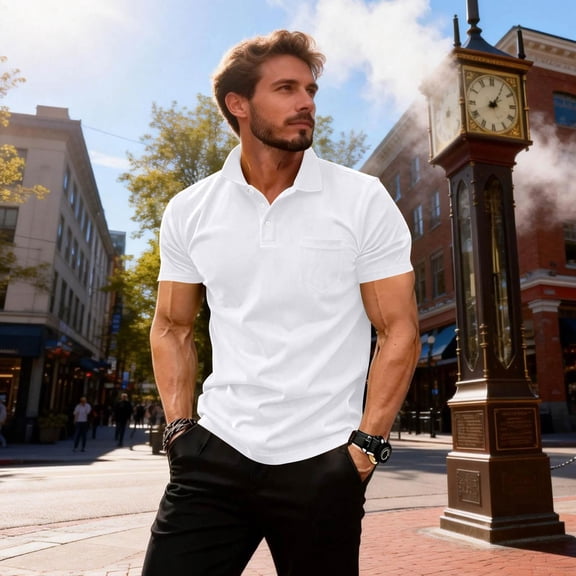 Inglocry Men's Fashion Polo Shirts Short Sleeve Button Casual Golf Shirts Polo Shirt with Pocket White L