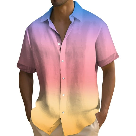 Inglocry Men's Fashion Shirts Gradient Color Hawaiian Shirt Buttons Up Summer Beach Dress Shirts Pink XL
