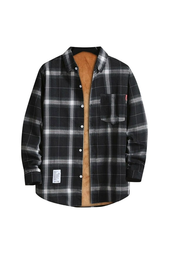 Men's Flannel Plaid Shirt Jacket Sherpa Lined Shirt Long Sleeve Button Up Overshirt Warm Coat Outwear with Pockets Black L