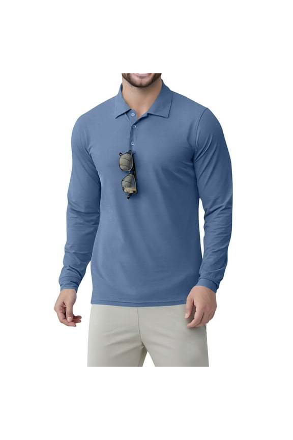 Men's Golf Polo Shirts Long Sleeve Performance Collar Shirts Lightweight Summer Casual Quick Dry Tee Blue L