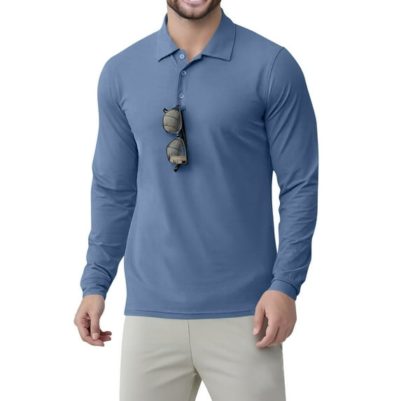 Inglocry Men's Golf Polo Shirts Long Sleeve Performance Collar Shirts Lightweight Summer Casual Quick Dry Tee Blue XL