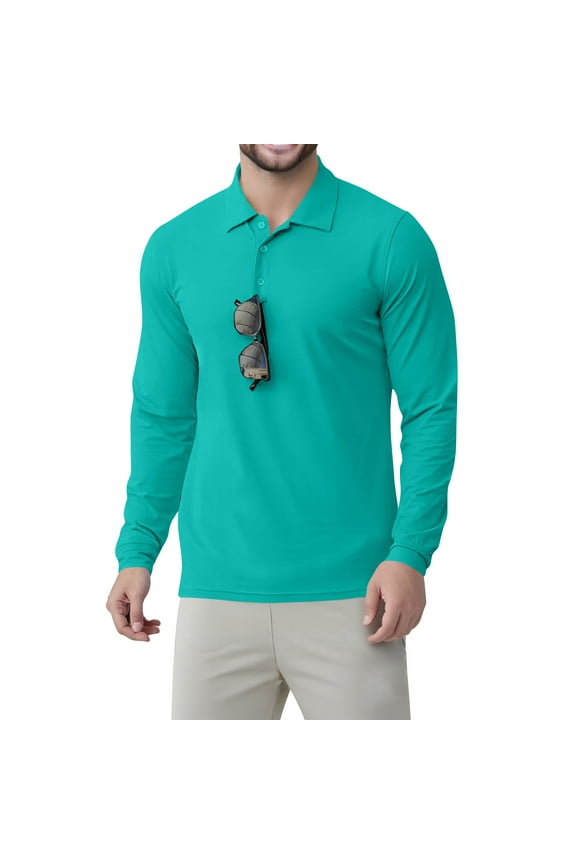 Men's Golf Polo Shirts Long Sleeve Performance Collar Shirts Lightweight Summer Casual Quick Dry Tee Turquoise 2XL