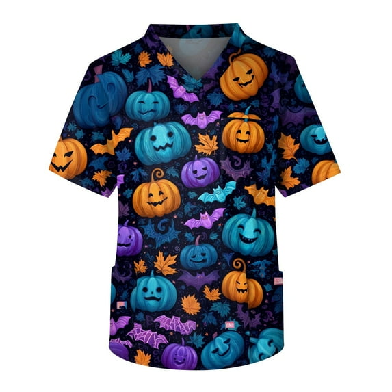 Inglocry Men's Halloween Scrub Tops Plus Size V-Neck Short Sleeve Halloween Pumpkin Ghost Print Funny Medical Workwear with 3 Pocket Blue L