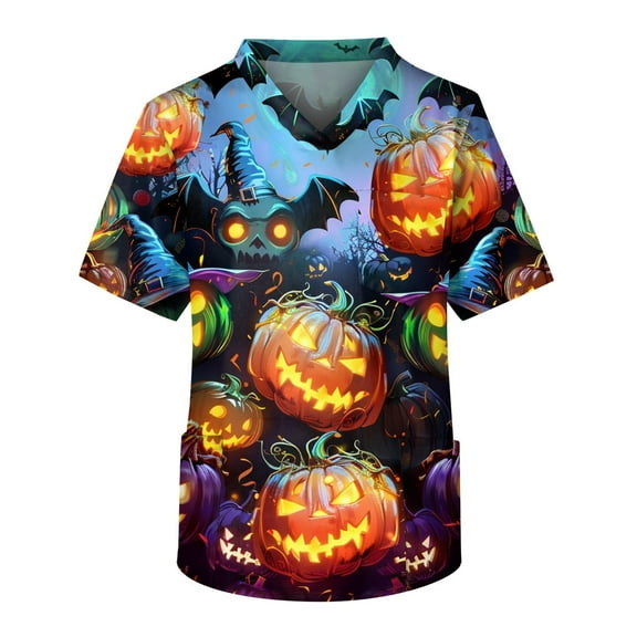 Inglocry Men's Halloween Scrubs Tops Plus Size Short Sleeve V-Ncek Printed Working Nurse Unifrom with Pocket Earthy Yellow 4XL
