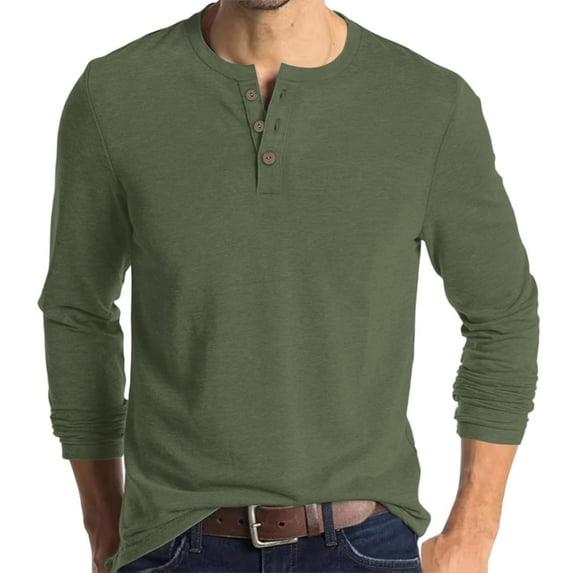 Inglocry Men's Henley Shirt - Long Sleeve Solid Color Cotton Henley Thermal Shirt - Undershirts for Men Army Green L