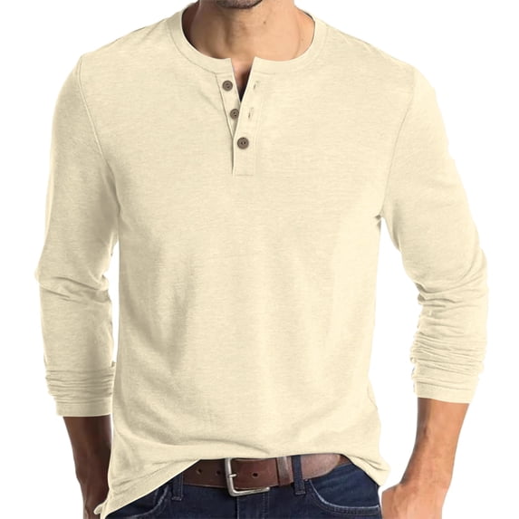 Inglocry Men's Henley Shirt - Long Sleeve Solid Color Button Down Cotton Shirt - Soft Undershirts for Men Beige 3XL