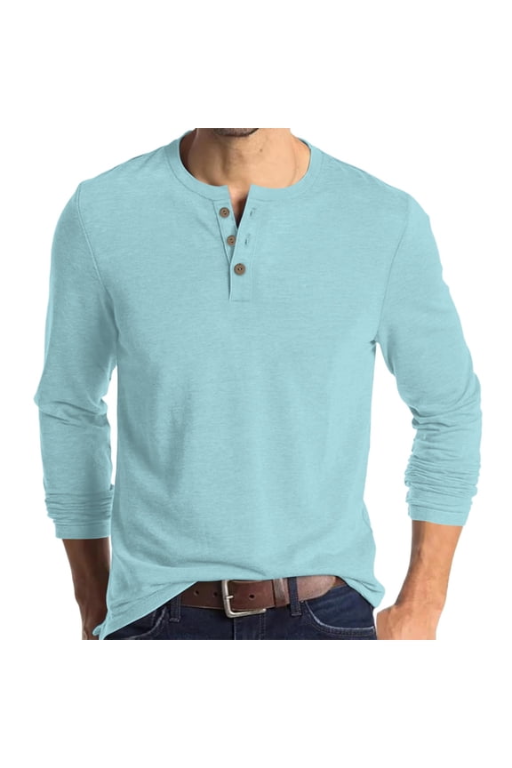 Men's Henley Shirt - Long Sleeve Solid Color Button Down Cotton Shirt - Soft Undershirts for Men Light Blue M