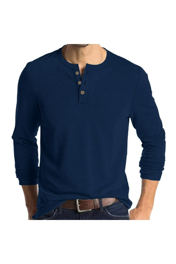 Men's Henley Shirt - Long Sleeve Solid Color Cotton Henley Thermal Shirt - Undershirts for Men Navy M