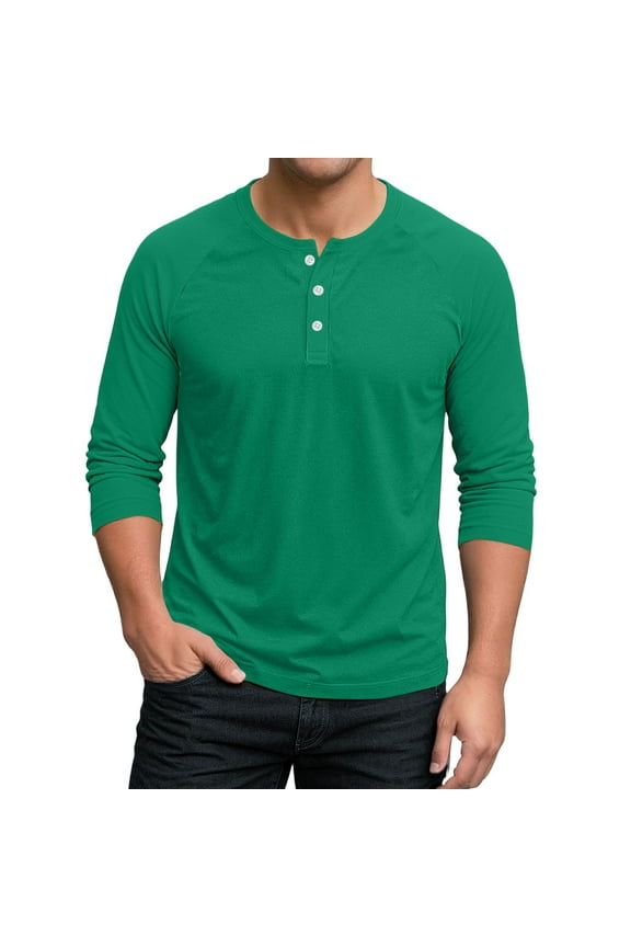 Men's Henley Shirts Long Sleeve Basic Pullover Shirt Lightweight Button Down Shirts For Men Green L