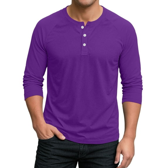 Inglocry Men's Henley Shirts Long Sleeve Basic Pullover Shirt Lightweight Button Down Shirts For Men Purple 2XL