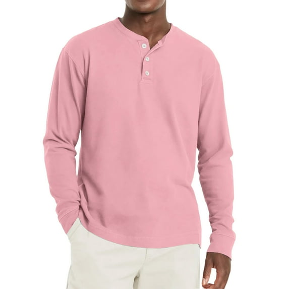Inglocry Men's Long Sleeve Henley Shirts Cotton 3-Button Spring Casual T-Shirts Solid Color Soft Basic Tops 2025 Pink M
