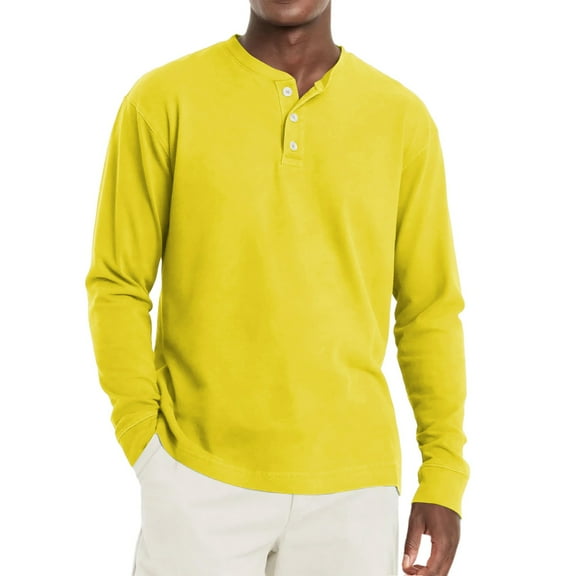 Inglocry Men's Long Sleeve Henley Shirts Cotton 3-Button Spring Casual T-Shirts Solid Color Soft Basic Tops 2025 Yellow XL
