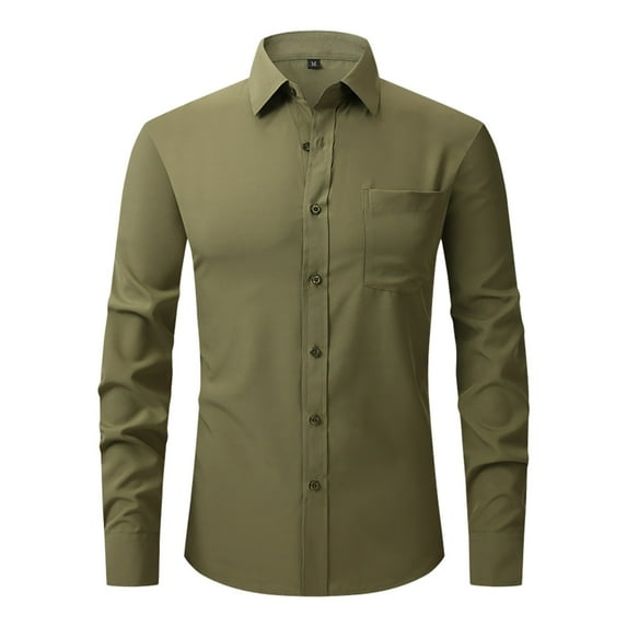 Inglocry Men's Long Sleeve Dress Shirt Modern Slim Fit Wrinkle-Free Casual Business Button Up Shirts Army Green L