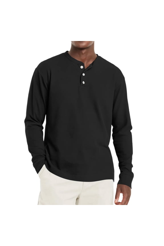 Men's Henley Shirts Long Sleeve Fashion Casual Tee Button Down Basic Lightweight T-Shirt Black L
