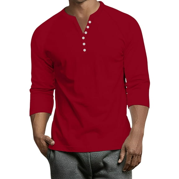 Inglocry Men's Long Sleeve Henley Shirts Stretch Ribbed T-Shirts Fashion Casual Basic Tops Button Down Shirt Men Wine XL
