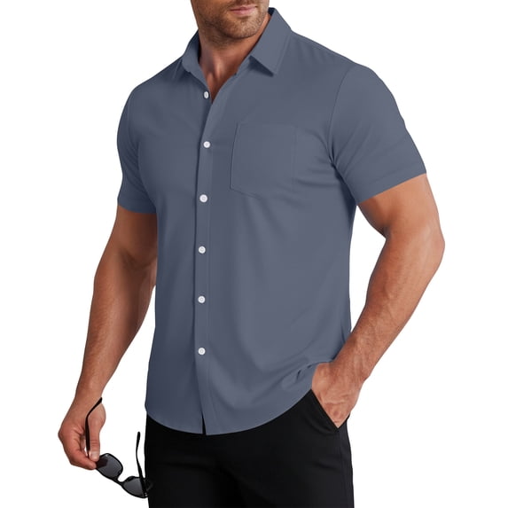 Inglocry Men's Muscle Button Down Shirts Short Sleev Fit Dress Shirts Stretch Wrinkle Free Quick Dry Short Sleeve Button Down Casual Slim Fit Shirts Dark Gray L