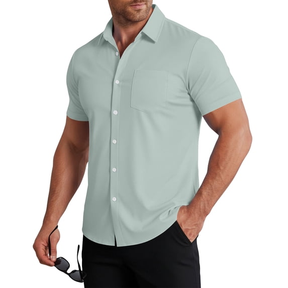 Inglocry Men's Muscle Button Down Shirts Short Sleev Fit Dress Shirts Stretch Wrinkle Free Quick Dry Short Sleeve Button Down Casual Slim Fit Shirts Mint Green L