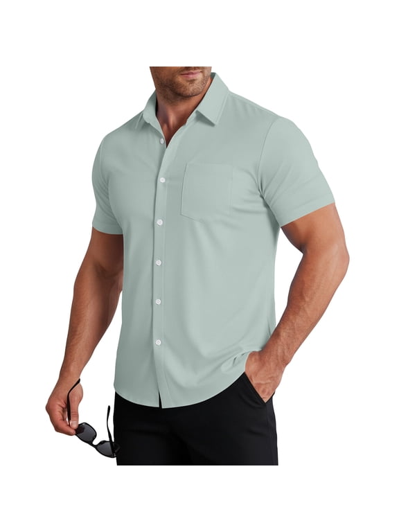 Men's Muscle Button Down Shirts Short Sleev Fit Dress Shirts Stretch Wrinkle Free Quick Dry Short Sleeve Button Down Casual Slim Fit Shirts Mint Green L