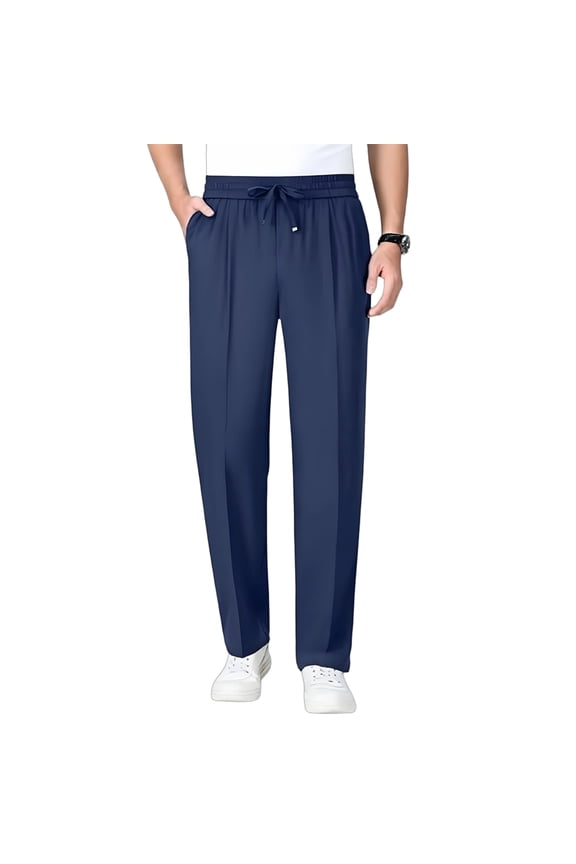 Men's Pull On Ice Silk Comfort Everyday Drawstring Pants - Comfy Stretch Breathable Pants with Pockets for Men Over 50 Blue L