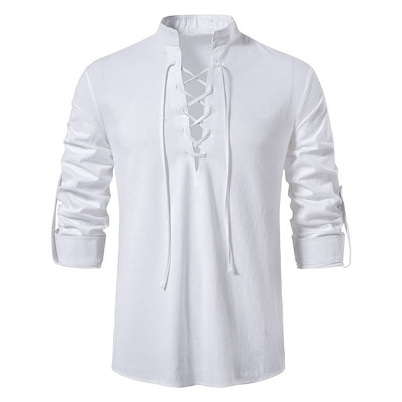 Inglocry Men's Pure Cotton Retro Lace Up Shirts for Renaissance Pirate Viking Medieval Long Sleeve Vintage Shirt White XL