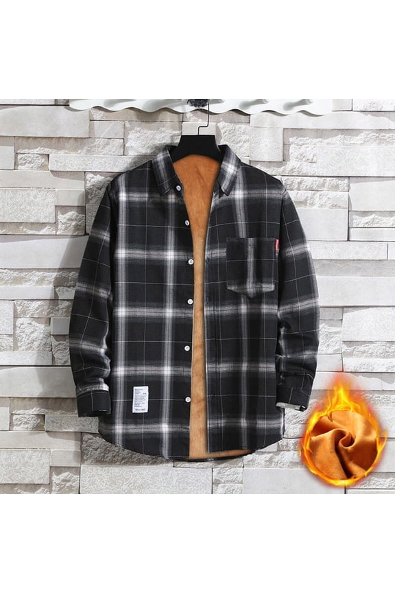 Men's Sherpa Lined Cotton Flannel Shirt Jacket Plaid Button Up Jacket Coat for Men with Pocket Black 2XL