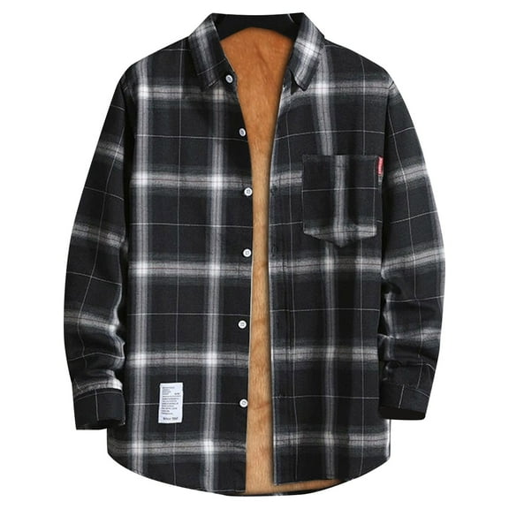 Inglocry Men's Sherpa Lined Cotton Flannel Shirt Jacket Plaid Button Up Jacket Coat for Men with Pocket Black L