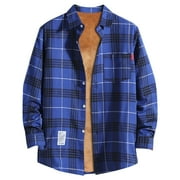 INGLOCRY Men's Sherpa Lined Cotton Flannel Shirt Jacket Plaid Button Up Jacket Coat for Men with Pocket Blue M