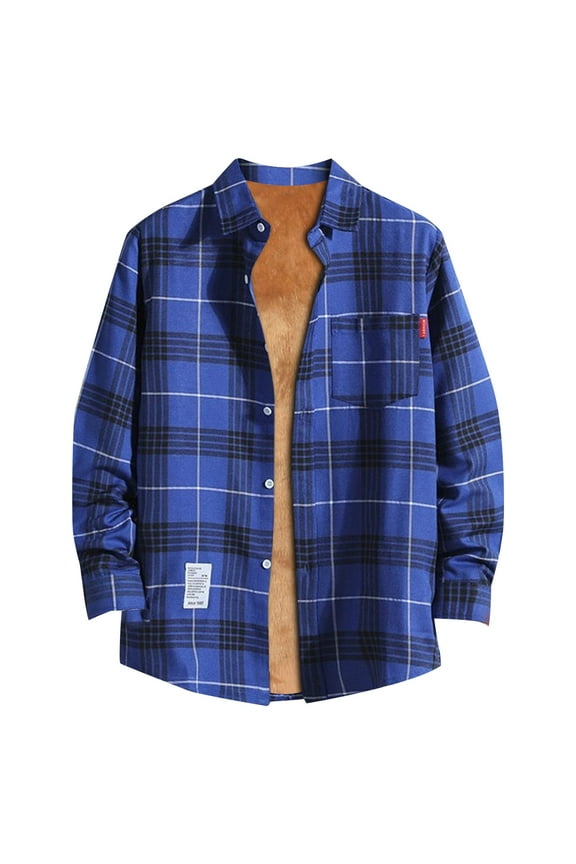 Men's Sherpa Lined Cotton Flannel Shirt Jacket Plaid Button Up Jacket Coat for Men with Pocket Blue M