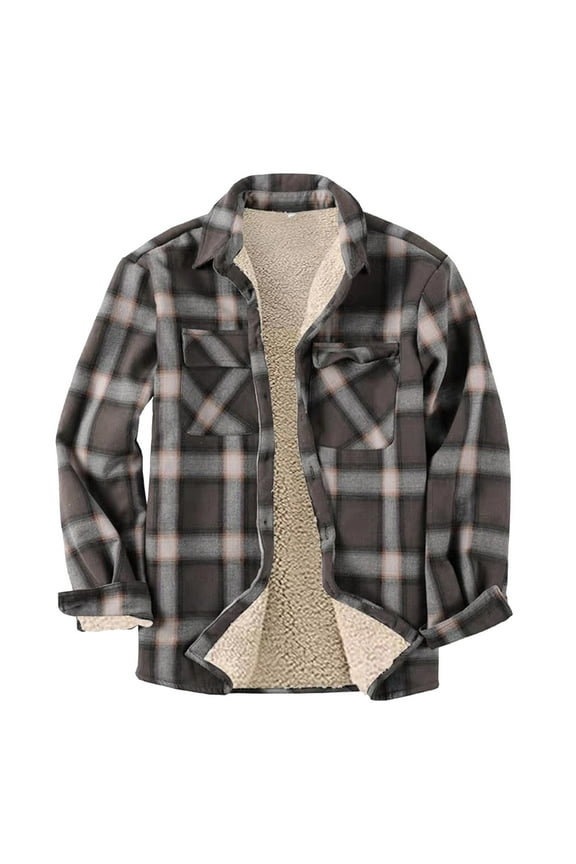 Men's Sherpa Lined Cotton Flannel Shirt Jacket Plaid Button Up Jacket Coat for Men with Pocket Brown L