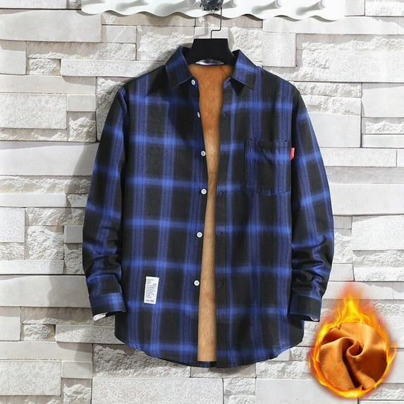 Inglocry Men's Sherpa Lined Cotton Flannel Shirt Jacket Plaid Button Up Jacket Coat for Men with Pocket Dark Blue 2XL