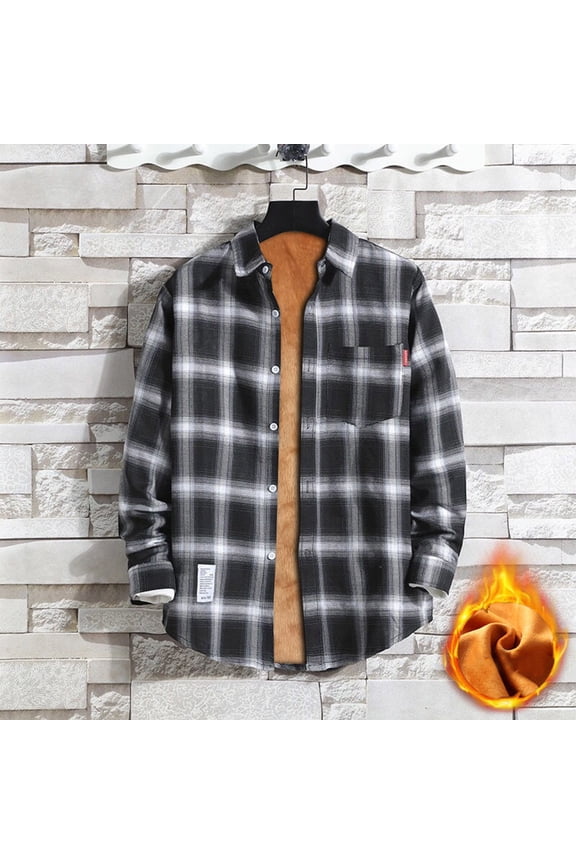 Men's Sherpa Lined Cotton Flannel Shirt Jacket Plaid Button Up Jacket Coat for Men with Pocket Gray M