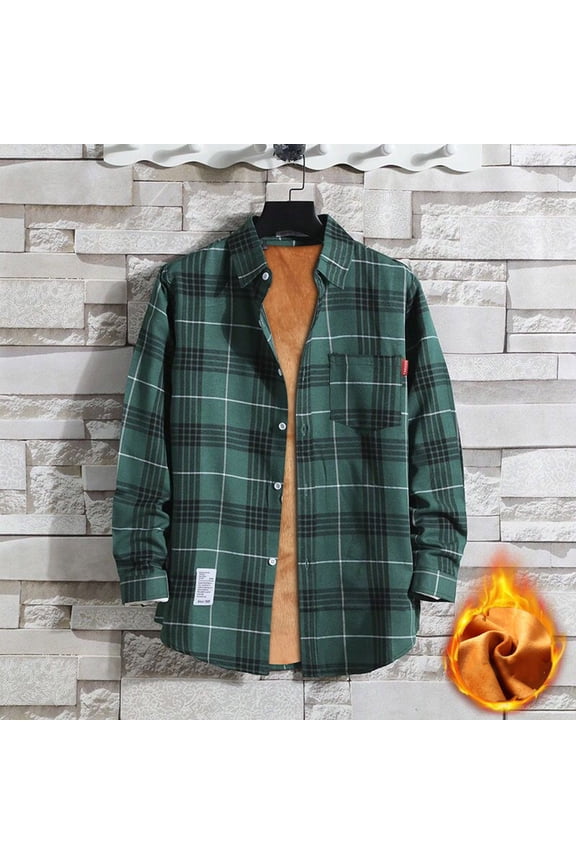 Men's Sherpa Lined Cotton Flannel Shirt Jacket Plaid Button Up Jacket Coat for Men with Pocket Green L