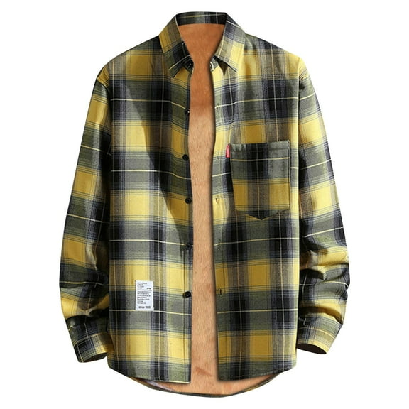 Inglocry Men's Sherpa Lined Cotton Flannel Shirt Jacket Plaid Button Up Jacket Coat for Men with Pocket Yellow L