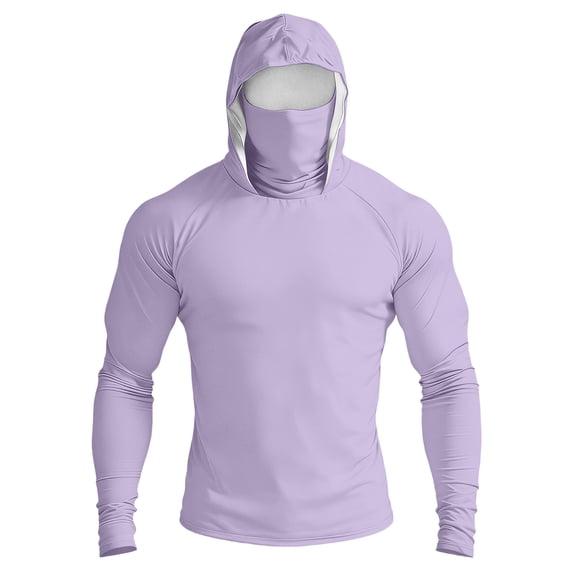 Inglocry Men's Sun Protection Hoodie with Mask UPF 50+ UV Quick Dry Long Sleeve Shirt Men Rash Guard Performance Fishing Hiking Shirt Light Purple L