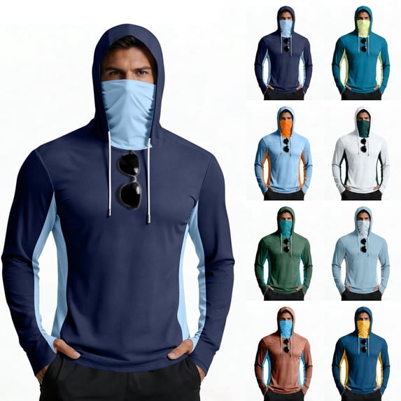 Inglocry Men's Sun Protection Hoodie with Mask UPF 50+ UV Quick Dry Long Sleeve Shirt Men Rash Guard Performance Fishing Hiking Shirt Sky Blue XL