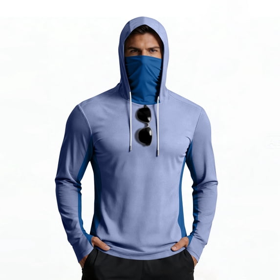 Inglocry Men's UPF 50+ Hooded Fishing Shirts Quick Dry Long Sleeve Sun Protection Hoodie, Hiking Running Swimming Rash Guard with Mask 2026 Light Blue L