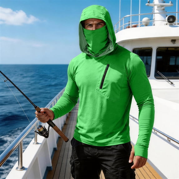 Inglocry Men's UPF 50+ Sun Hoodie with Mask Fishing Shirts UV Protection Long Sleeve, Quick Dry Hooded Rash Guard Hikingwith Zipper Pocket Green S