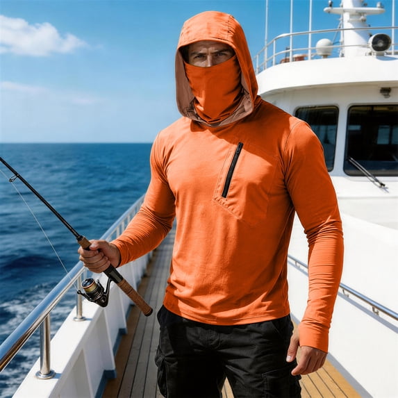 Inglocry Men's UPF 50+ Sun Hoodie with Mask Fishing Shirts UV Protection Long Sleeve, Quick Dry Hooded Rash Guard Hikingwith Zipper Pocket Orange 3XL